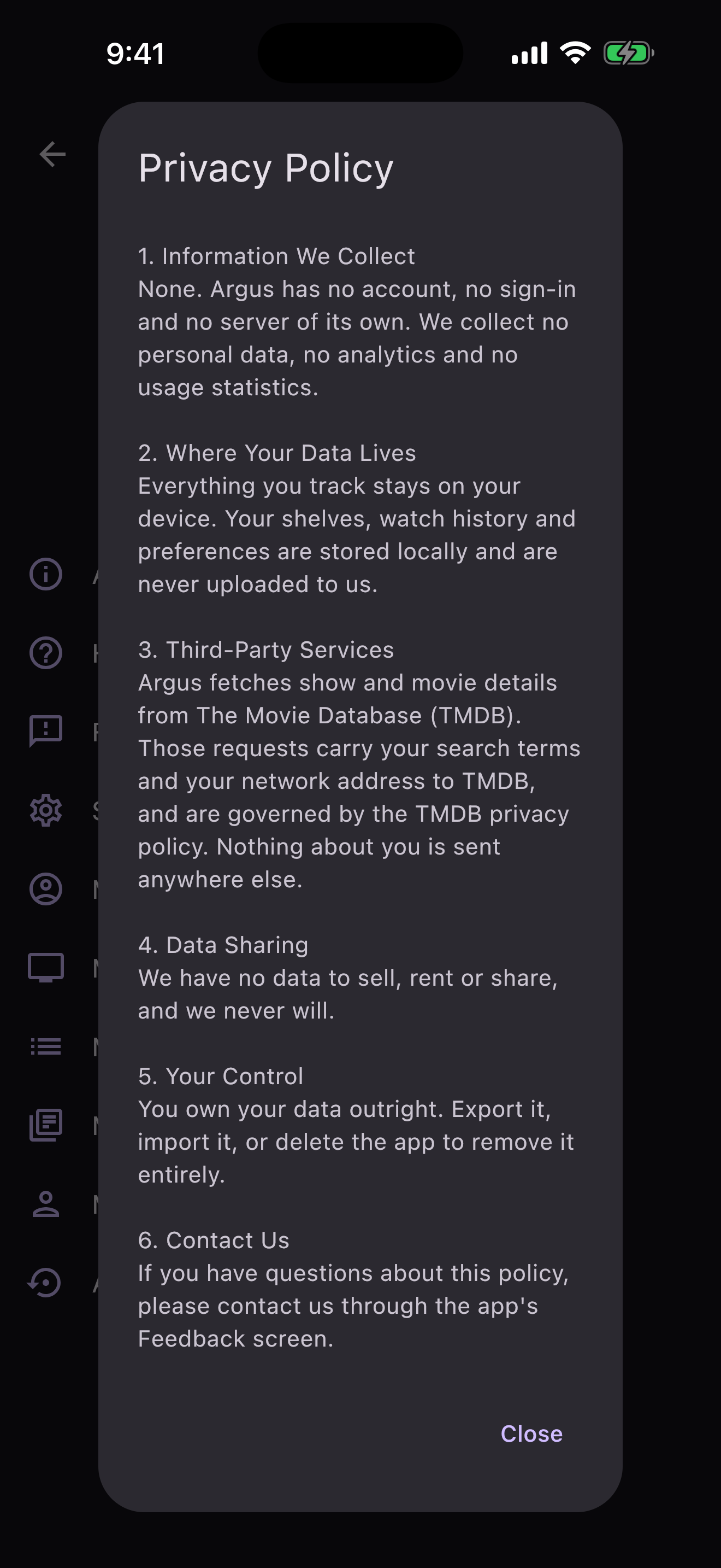 The privacy statement, reachable from inside the app